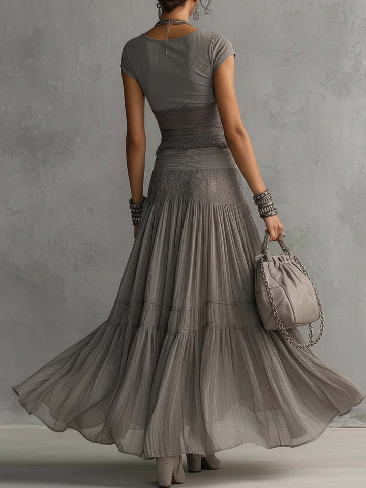 Vesper™ | Lace-Paneled Top & Pleated Maxi Skirt Set