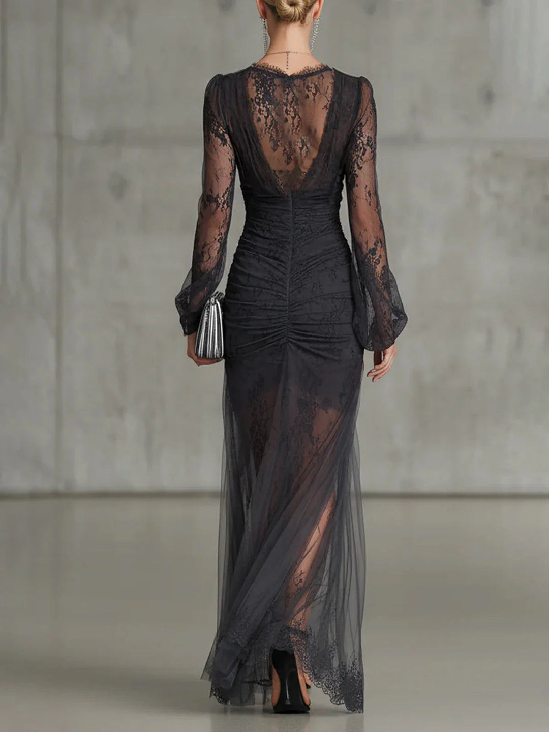 Adelaide™ | Lace Ruched Sheer-Sleeve Slit Maxi Dress
