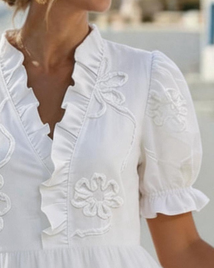 Blossom | Embroidered Ruffle V-Neck Puff Sleeve Dress