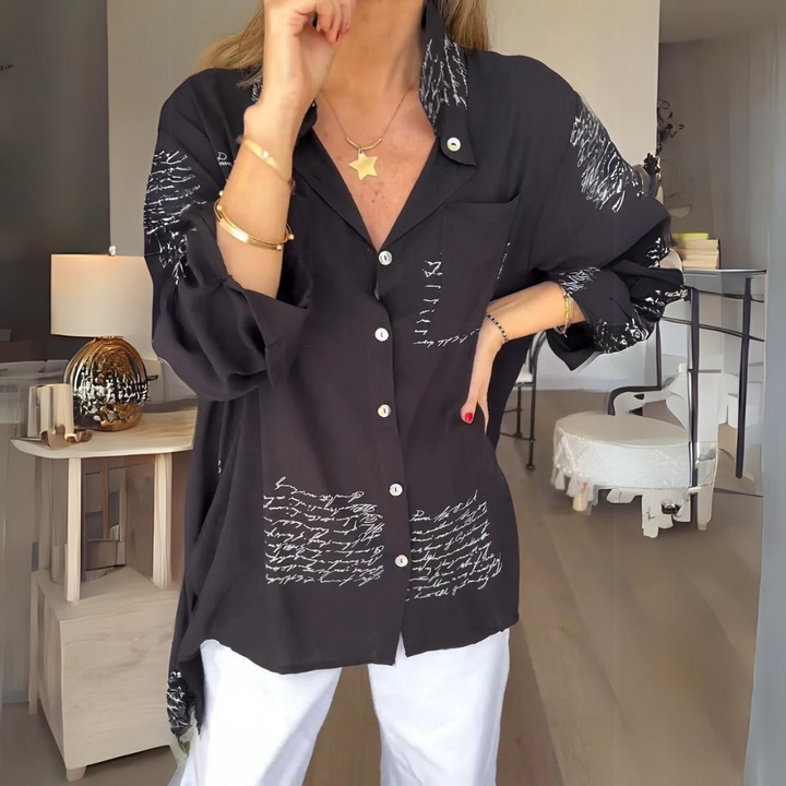 Ella | Script Detail Button-Up Blouse