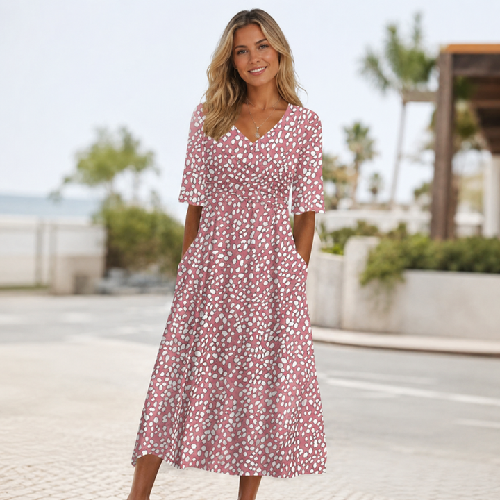 Colette | Elegant Tummy-Flattering Polka Dot Midi Dress