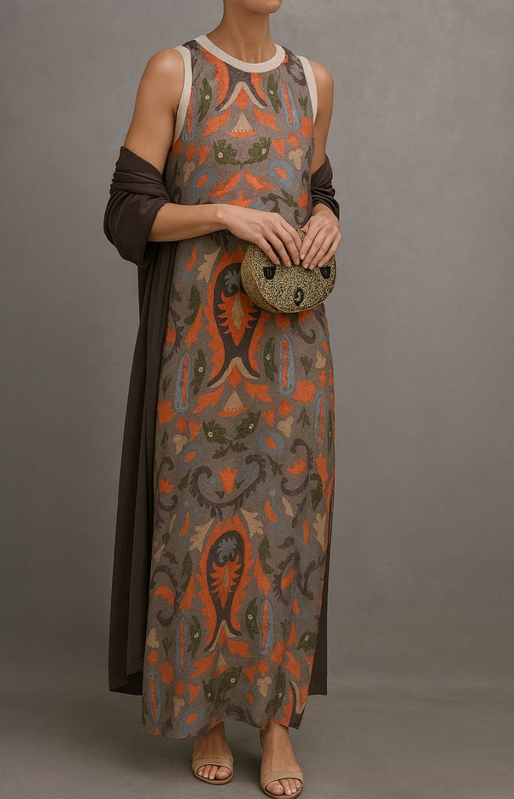 Elina | Printed Maxi Dress & Vest Set