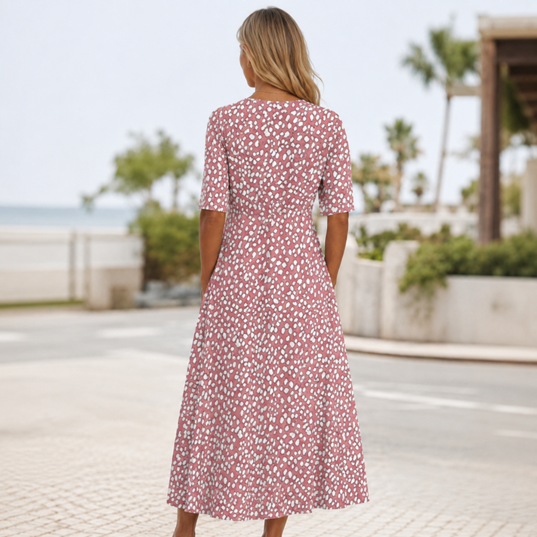 Colette | Elegant Tummy-Flattering Polka Dot Midi Dress