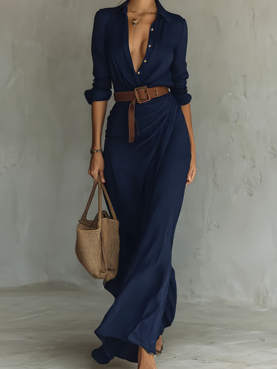 Elise | Belted Shirt Maxi Dress