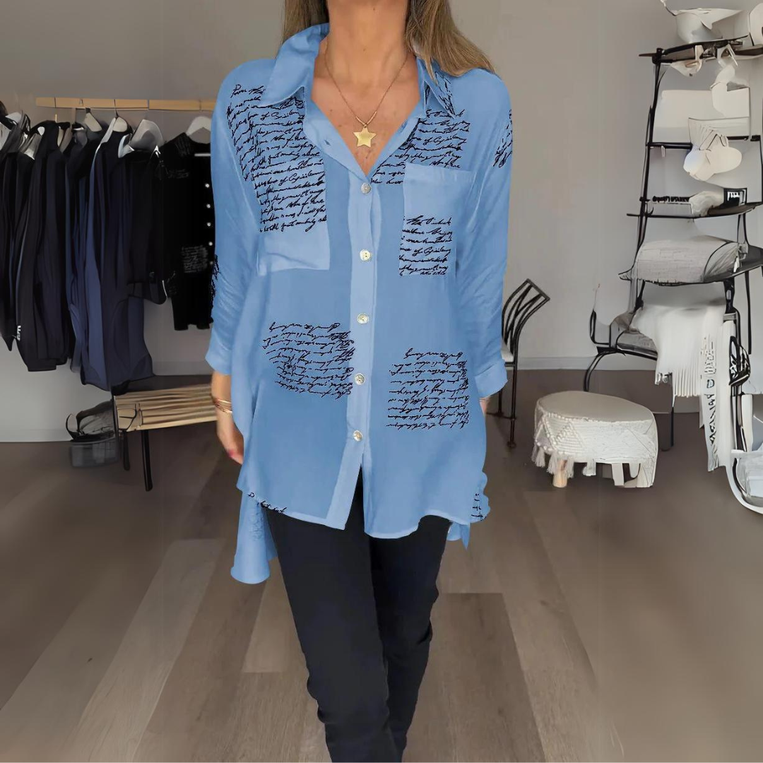 Ella | Script Detail Button-Up Blouse