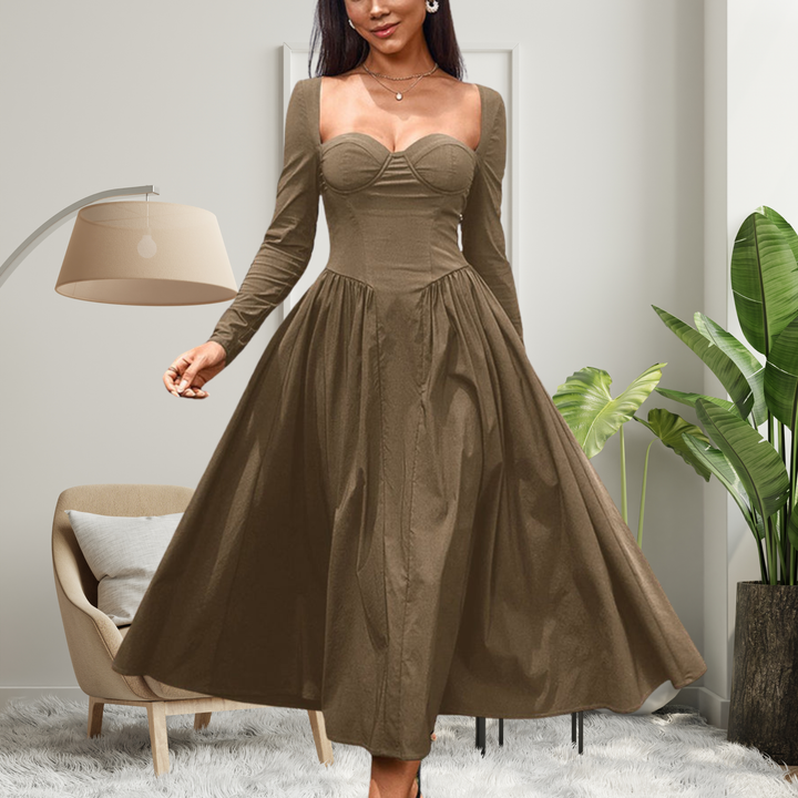 AKILA | Elegant Heart Neckline Long Sleeve A-Line Maxi Dress