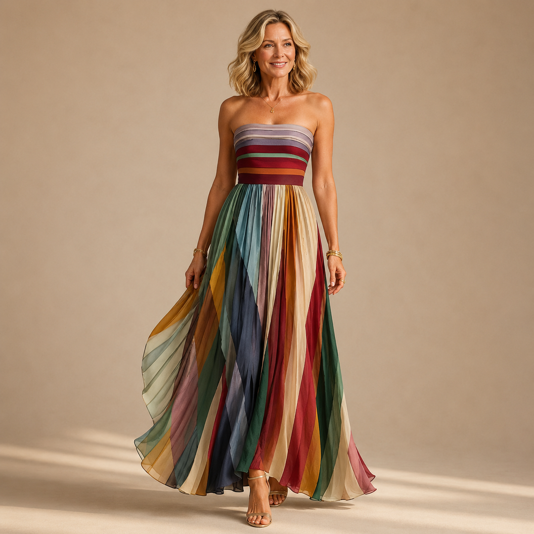 Judith™ | Women's Strapless Colorful Pleated Summer Maxi Dress Strapless