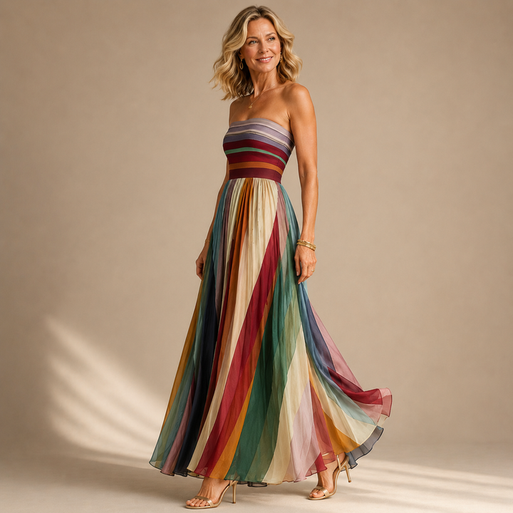 Judith™ | Women's Strapless Colorful Pleated Summer Maxi Dress Strapless