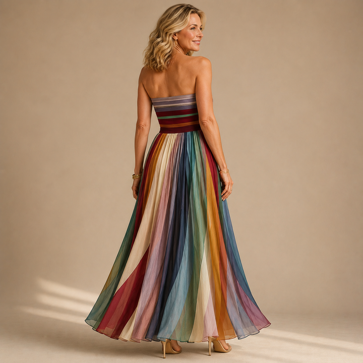 Judith™ | Women's Strapless Colorful Pleated Summer Maxi Dress Strapless