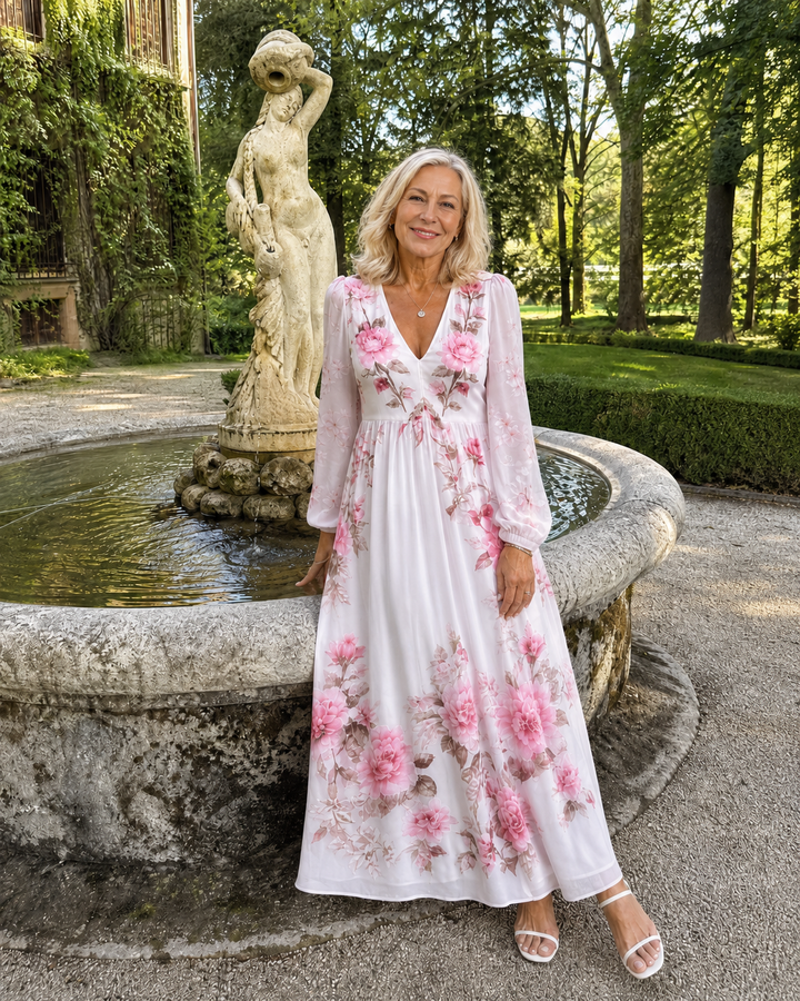 Emina | Floral V Neck Long Sleeve Midi Dress