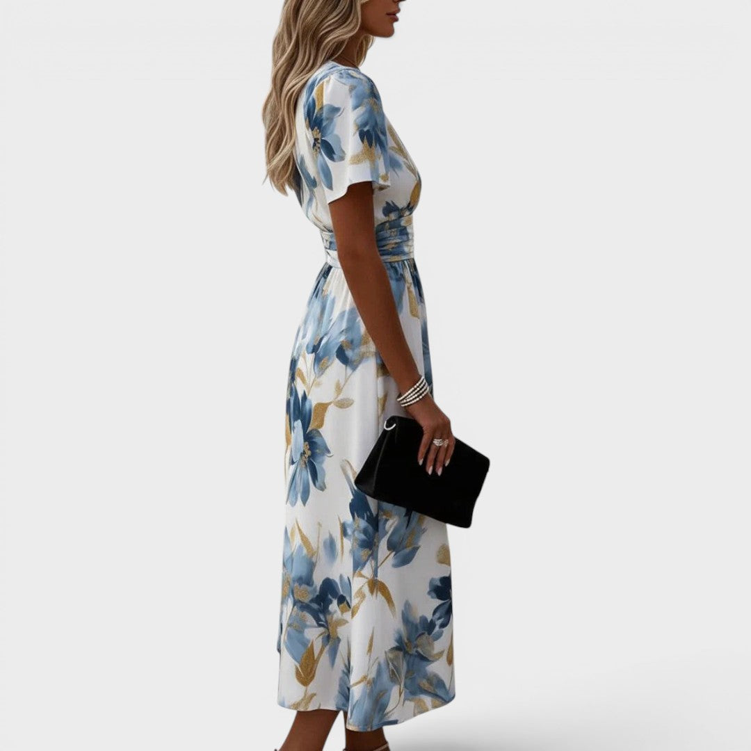 Elara | Floral Midi Dress with Waist Tie