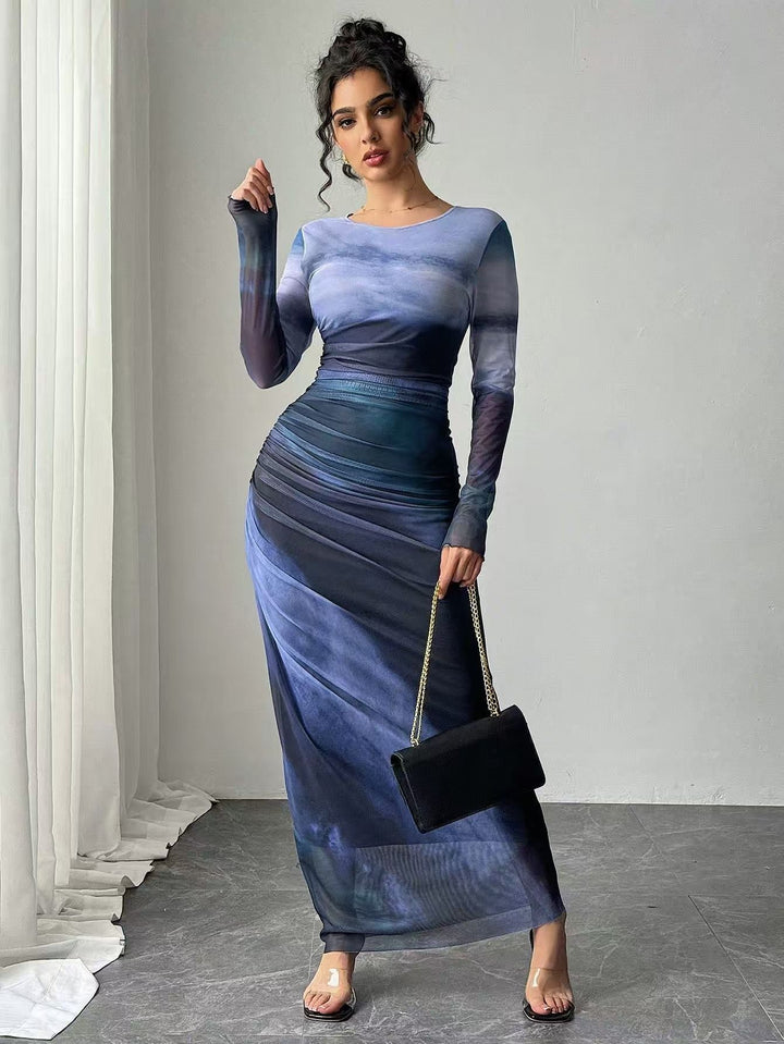 TORINA | Printed Long Sleeve Round Neck Bodycon Maxi Dress