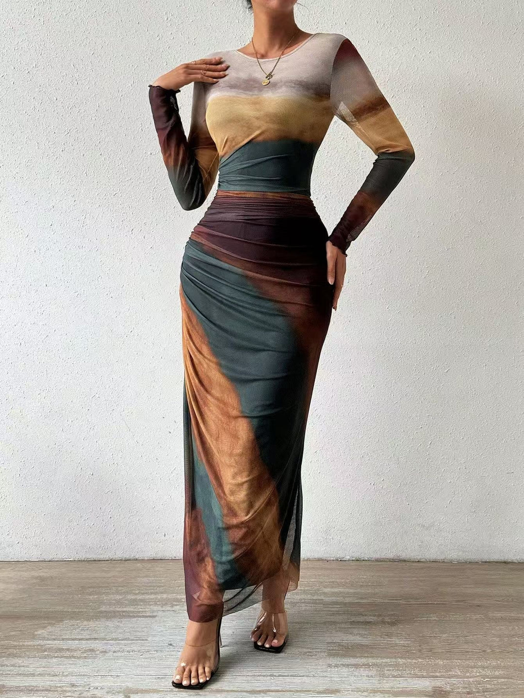 TORINA | Printed Long Sleeve Round Neck Bodycon Maxi Dress