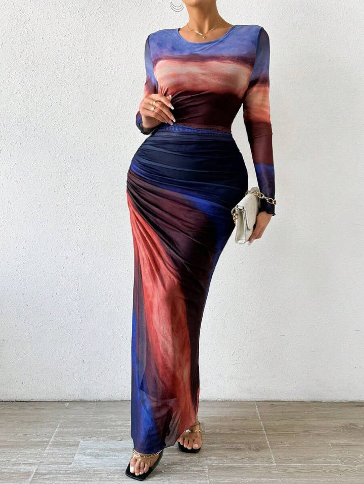 TORINA | Printed Long Sleeve Round Neck Bodycon Maxi Dress