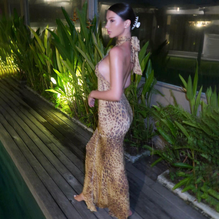 SABINA | Graceful Leopard Backless Sleeveless Maxi Dress