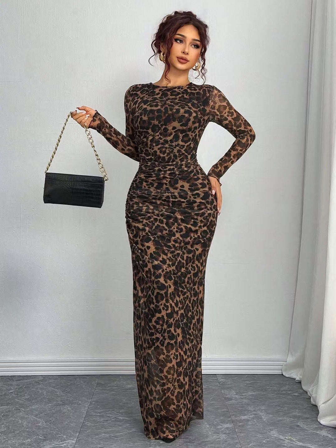 TORINA | Printed Long Sleeve Round Neck Bodycon Maxi Dress