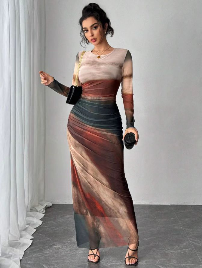 TORINA | Printed Long Sleeve Round Neck Bodycon Maxi Dress