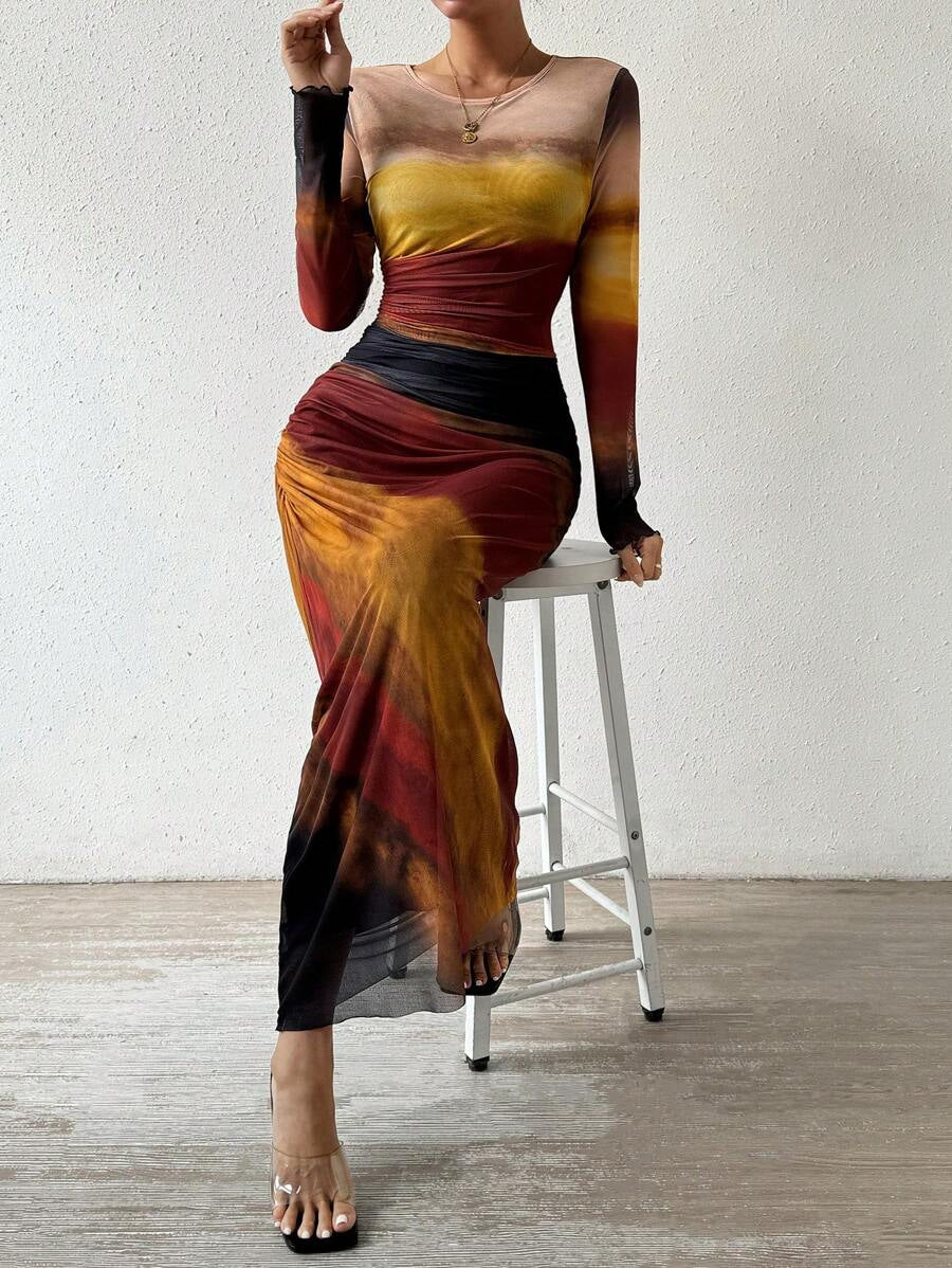 TORINA | Printed Long Sleeve Round Neck Bodycon Maxi Dress