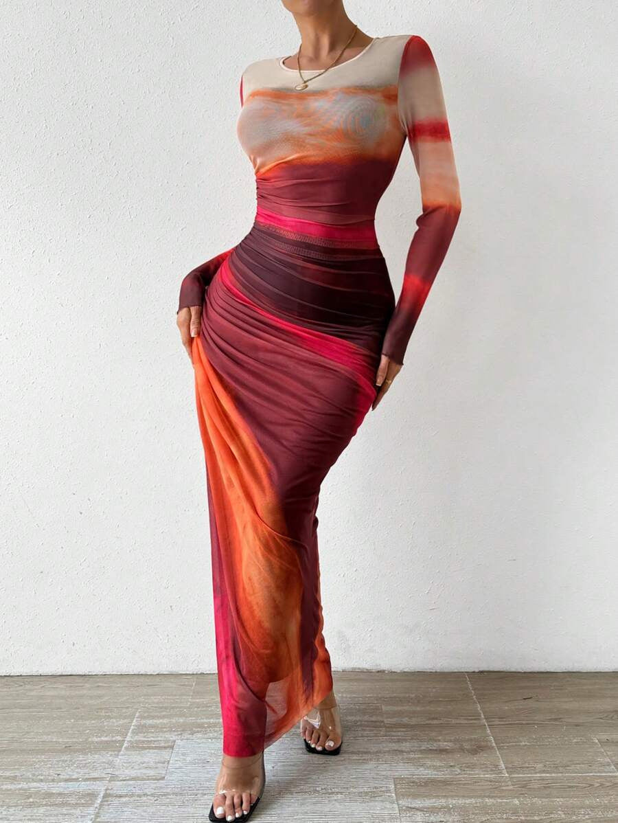 TORINA | Printed Long Sleeve Round Neck Bodycon Maxi Dress