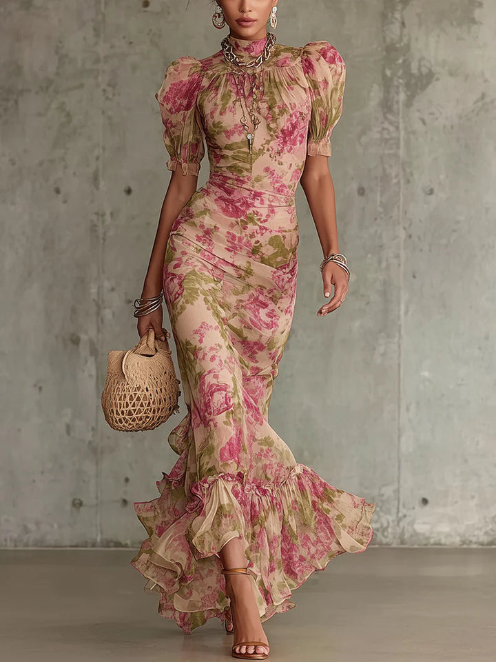 Rosalind™ | Vintage Rose Puff Sleeve Maxi Dress