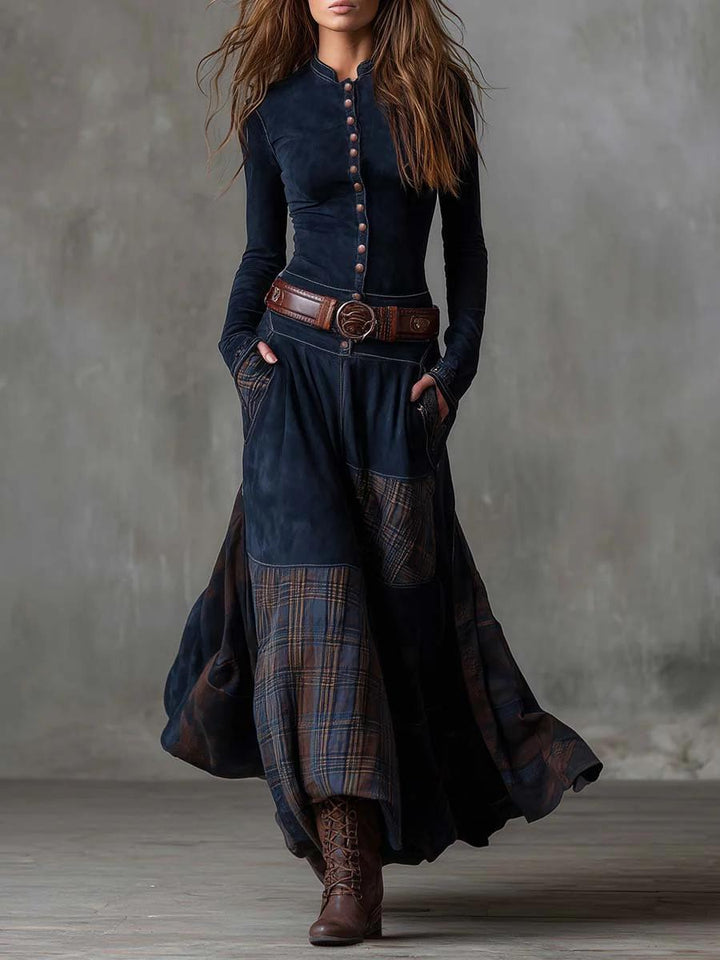 Leonora | Vintage Long Dress in Navy Blue Suede Check