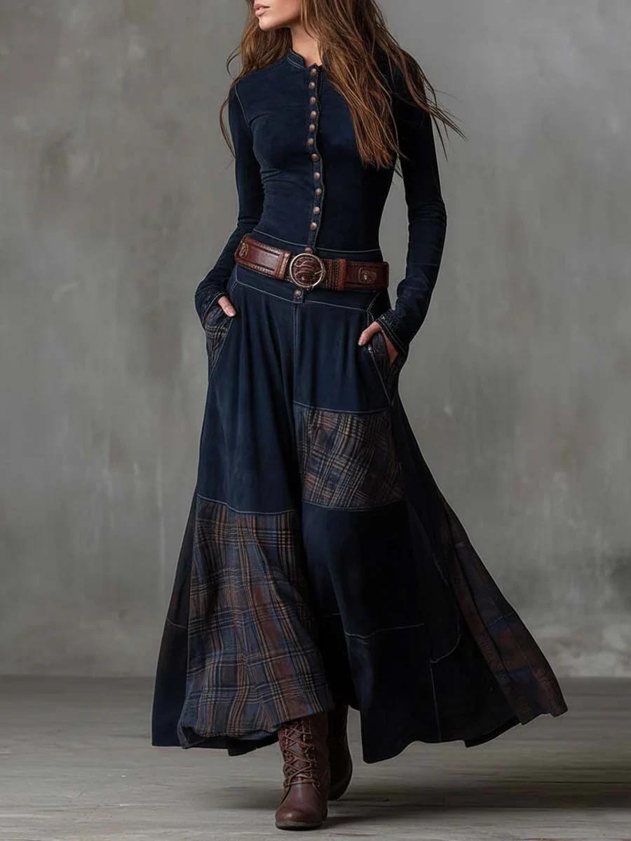 Leonora | Vintage Long Dress in Navy Blue Suede Check