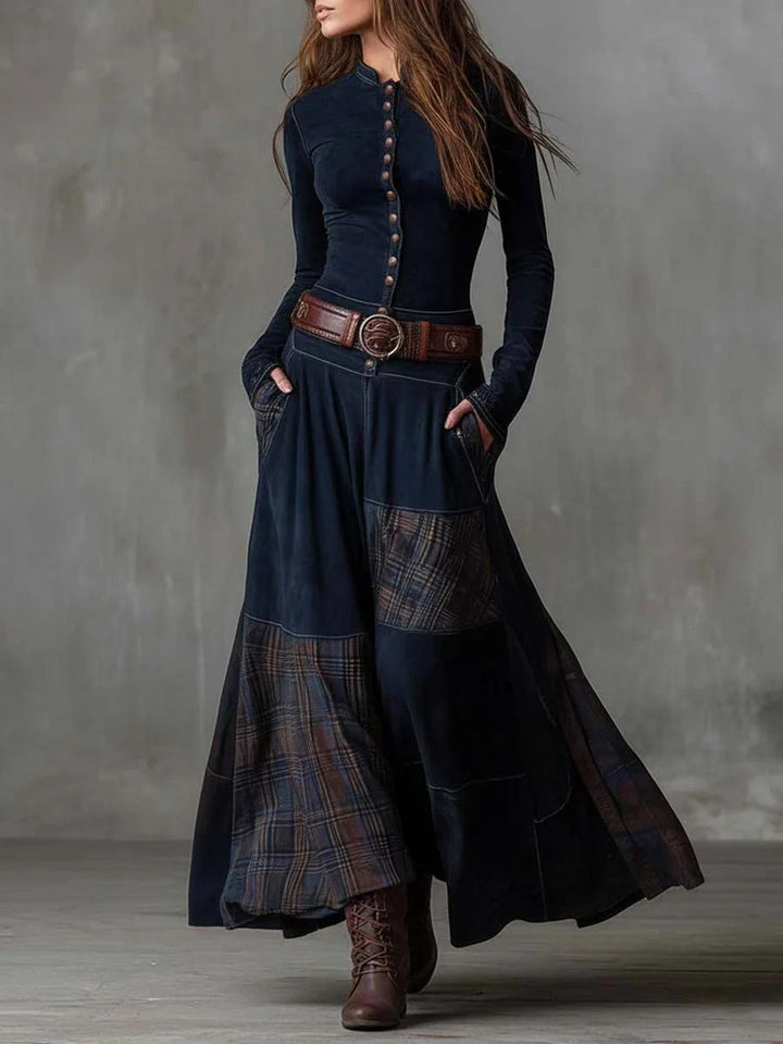 Leonora | Vintage Long Dress in Navy Blue Suede Check