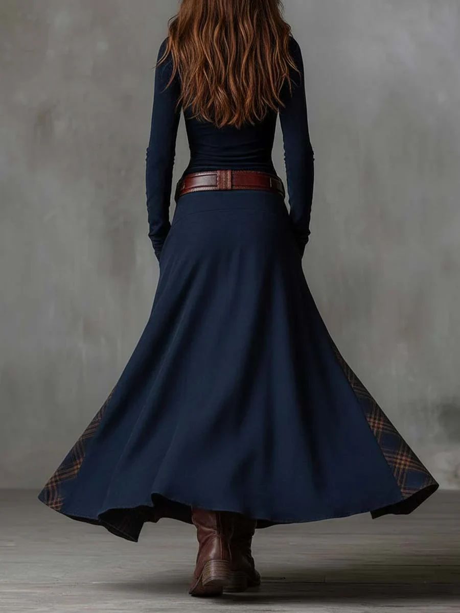 Leonora | Vintage Long Dress in Navy Blue Suede Check