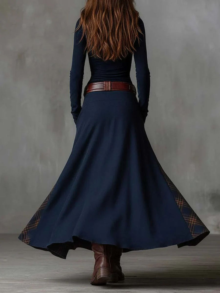 Leonora | Vintage Long Dress in Navy Blue Suede Check