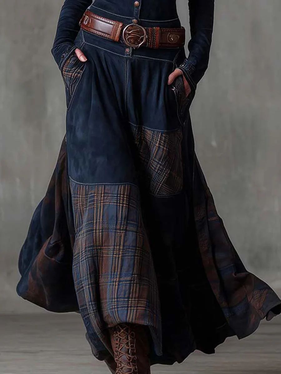 Leonora | Vintage Long Dress in Navy Blue Suede Check