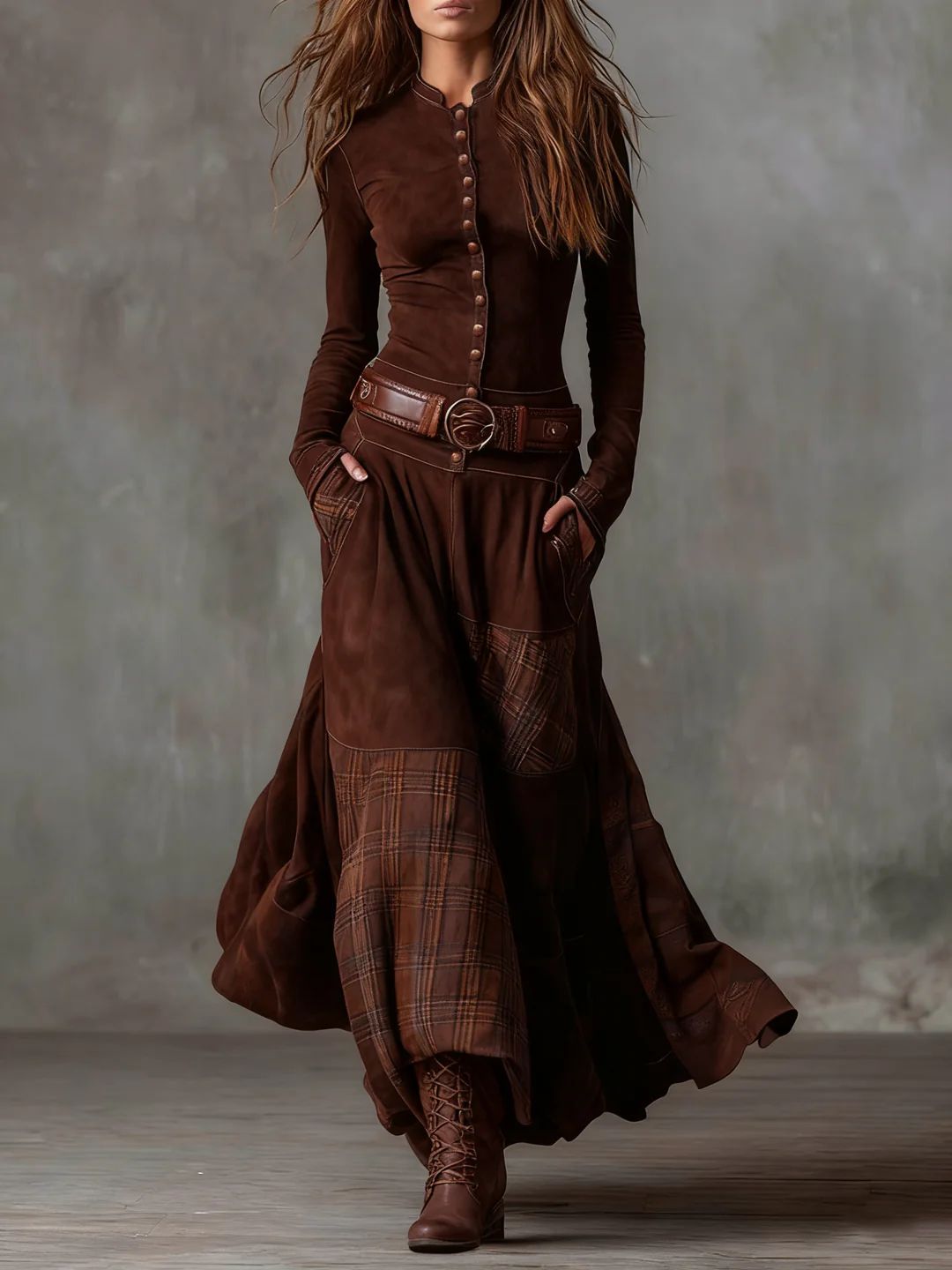 Leonora | Vintage Long Dress in Navy Blue Suede Check