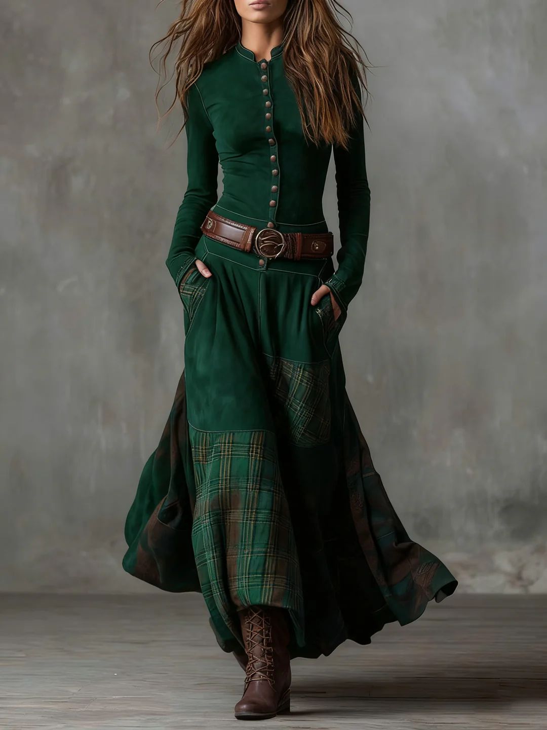 Leonora | Vintage Long Dress in Navy Blue Suede Check