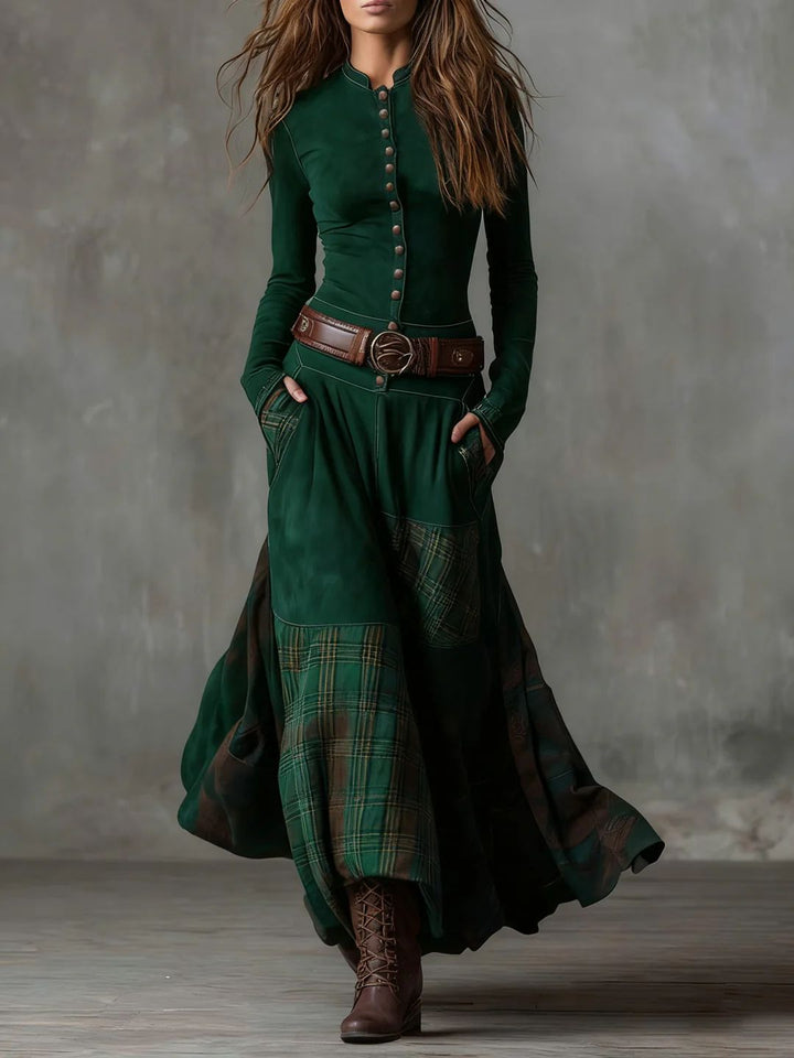 Leonora | Vintage Long Dress in Navy Blue Suede Check