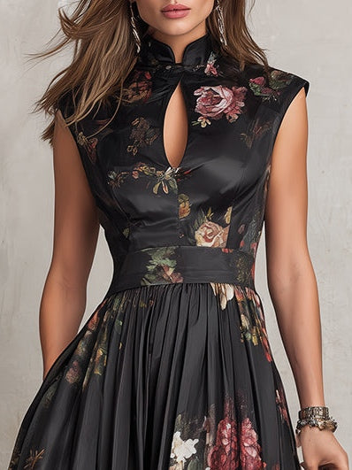 Harlow™ | Keyhole Floral Pleated Satin Midi Dress