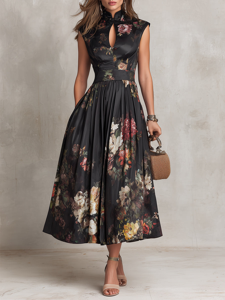 Harlow™ | Keyhole Floral Pleated Satin Midi Dress
