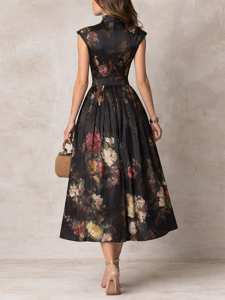Harlow™ | Keyhole Floral Pleated Satin Midi Dress