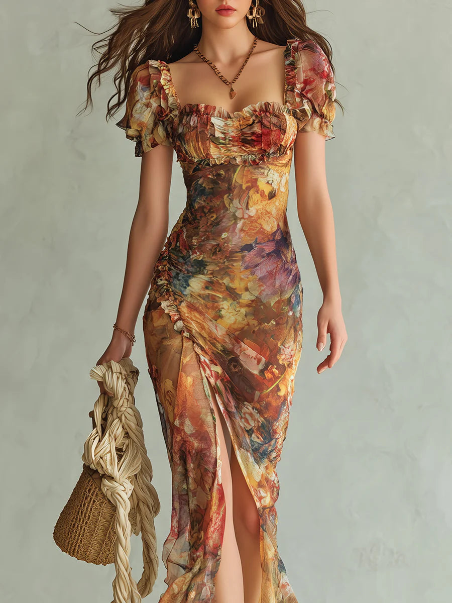 Saffron™ | Bohemian Oil-Painting Print Maxi Dress