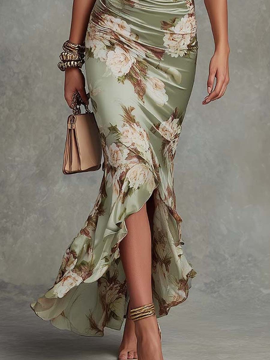 Ophelia™ | Bell-Sleeve Satin Asymmetrical Maxi Dress