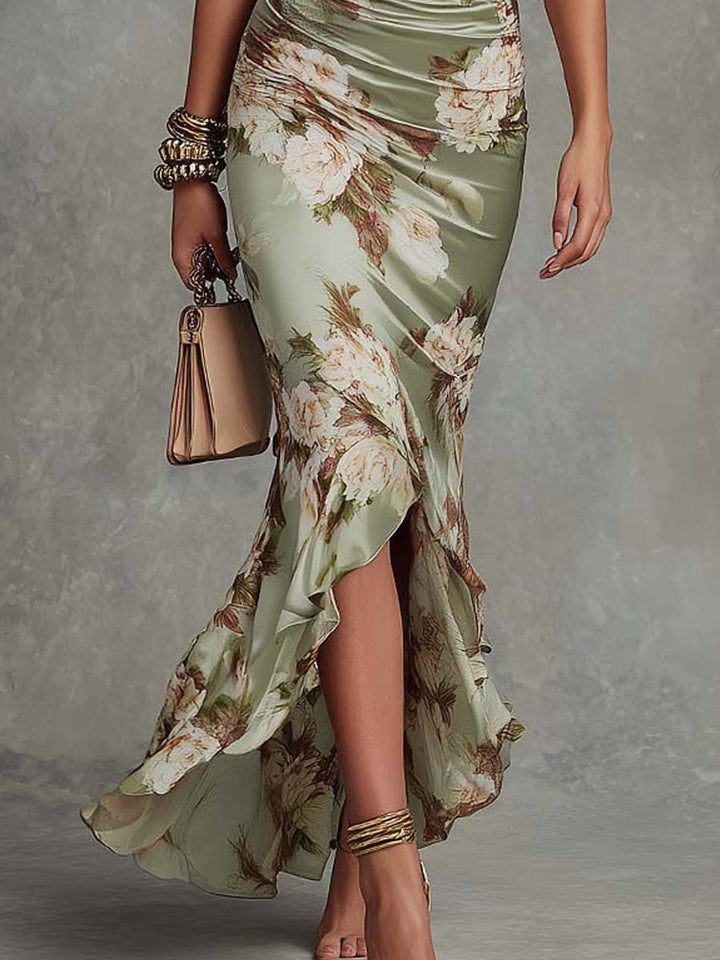 Ophelia™ | Bell-Sleeve Satin Asymmetrical Maxi Dress