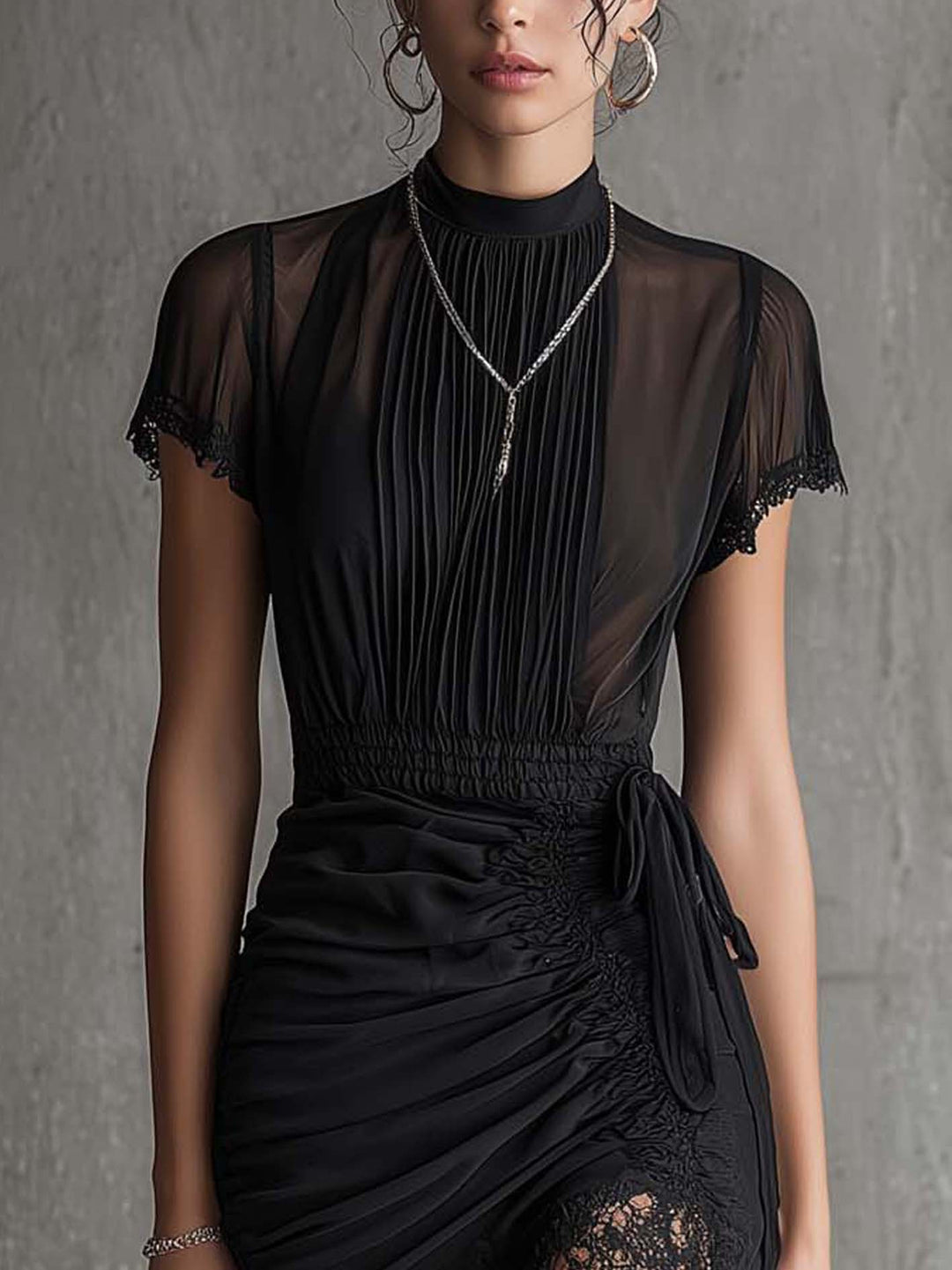 Delphine™ | Pleated Lace-Trim Chiffon Mini Dress