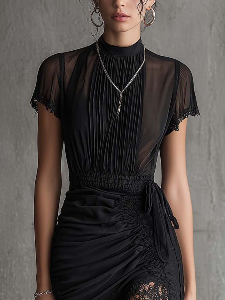 Delphine™ | Pleated Lace-Trim Chiffon Mini Dress