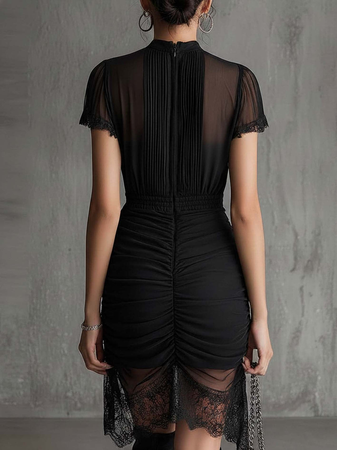 Delphine™ | Pleated Lace-Trim Chiffon Mini Dress