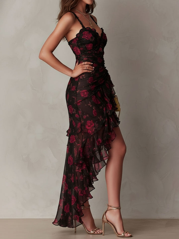 Renata™ | Black & Red Floral Ruffle-Hem Dress