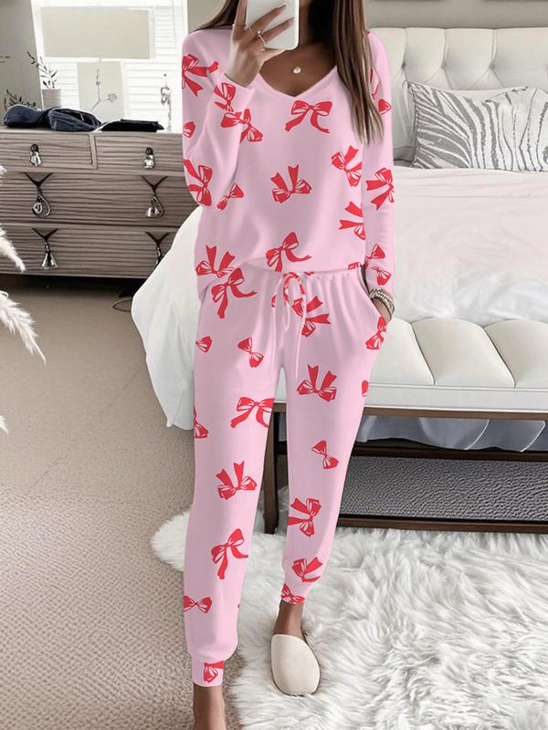 Hallie | Bow Print V-Neck Long Sleeve Top & Tie Waist Pants Set
