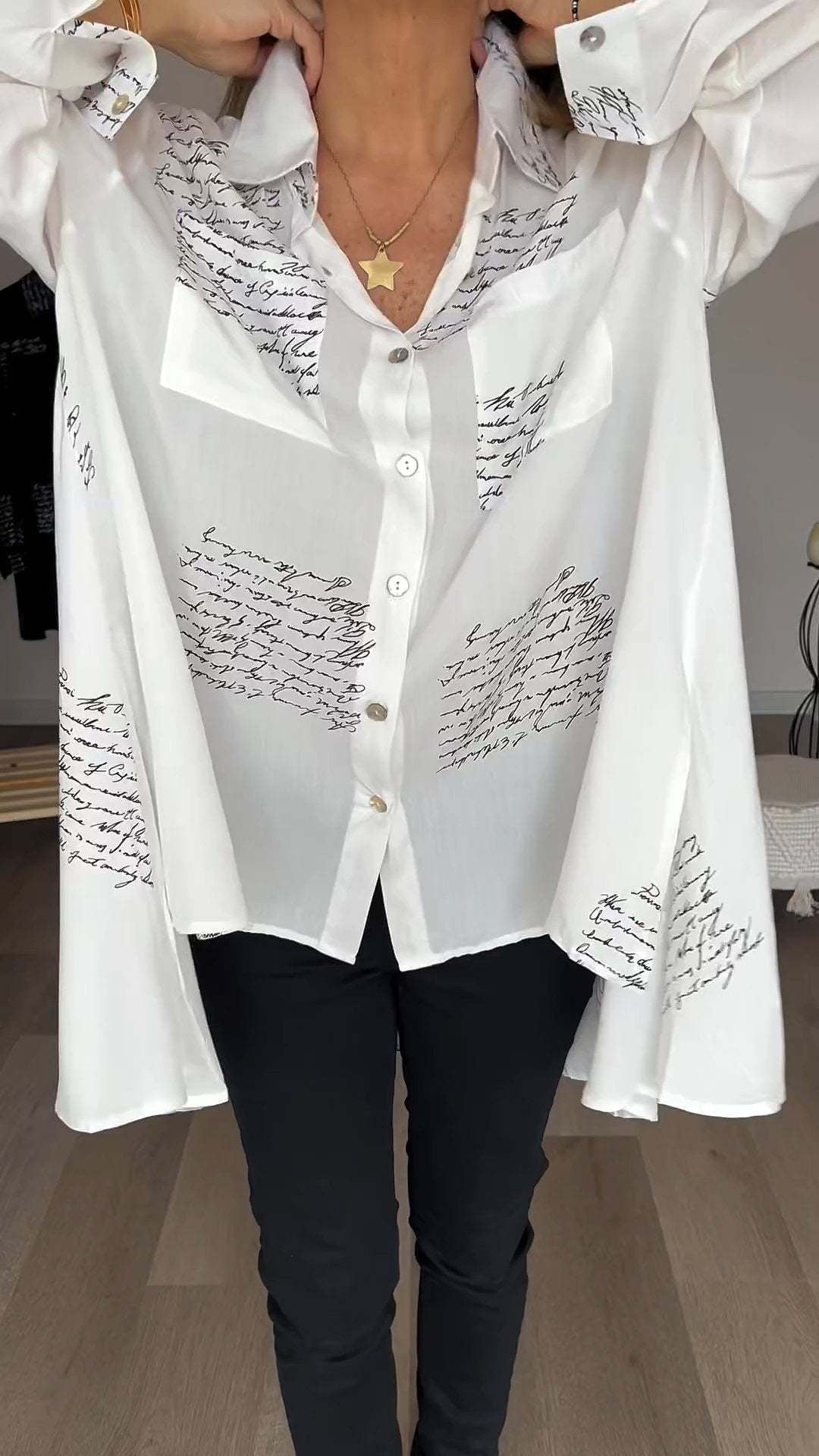 Ella | Script Detail Button-Up Blouse