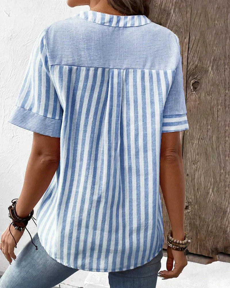 Amelie | Striped Notch-Neck Flare-Sleeve Blouse